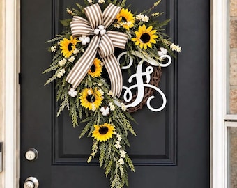 Sunflower Grapevine Wreath: Farmhouse Front Door Decor, Monogram Option