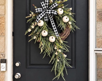 Cascading Greenery White Pumpkin Fall Grapevine Wreath, Etsy Wreaths for Fall, Halloween Outdoor Wreath, Beach Fall Wreath, Autumn Home