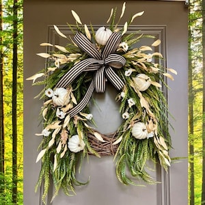 Fall White Pumpkin Wreath, Black and White Fall Decor, Pumpkin Double Door Wreaths, Farmhouse Autumn Grapevine, Wreathes, Etsy Wreath, Door