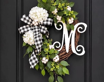 Hydrangea Grapevine Wreath: Buffalo Check Bow, Monogram Option