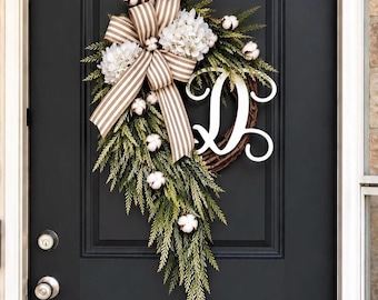 Monogram Hydrangea Wreath: Buffalo Check Burlap Bow, Front Door Decor
