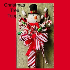 Snowman Christmas Tree Topper bow with streamers, Christmas Tree Star, Candyland Christmas Decor, Fake Candy Christmas Decorations, Red
