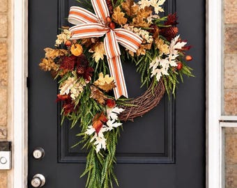 Farmhouse Fall Wreaths, Front Door Wreath, Thanksgiving Home Decor, Fall Leaves, Wreath for Fall, Hanging Greenery Wreath, Eucalyptus Wreath
