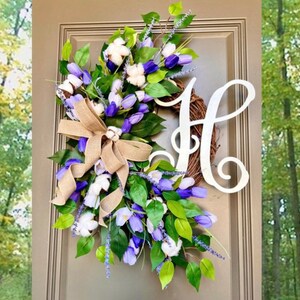Monogram Tulip Wreath: Lavender Spring Door Decor