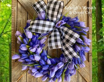 Spring Tulip Wreath, Buffalo Check Wreath, Spring Front Door Wreath, Summer Wreath for Front Door, Easter Wreaths, Wreaths, Black and White
