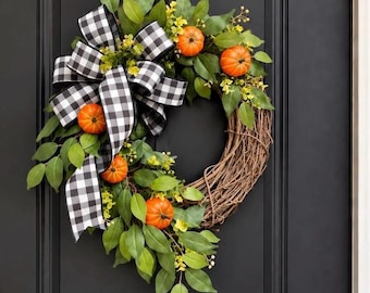 Orange Pumpkin Wreath, Thanksgiving Wreath, Black White Buffalo Check, Buffalo Plaid Wreath, Fall Decor, Pumpkin Decor, Monogram Fall Decor
