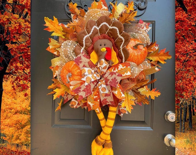 Featured listing image: Turkey wreath, FALL WREATH, Thanksgiving Decor, Turkey Decor, Fall Wreaths for Front Door, Fall Wreaths, Autumn Wreath, Front Door Wreaths