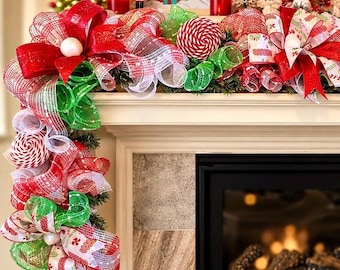 Christmas Garland with Ornaments, Candy Christmas Decor, Garland with Lights for Front Door, Staircase Mantle Garlands, Christmas Decoration