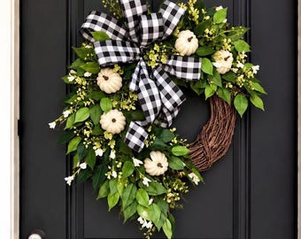 FALL Wreaths, Pumpkin Wreath, Thanksgiving Wreath, Black White Buffalo Check, Buffalo Plaid Wreath, Fall Decor, White Pumpkin Wreath, Rustic