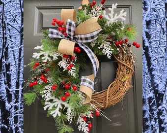 Farmhouse Christmas Wreath, Buffalo Check Wreath, Black and White Wreath, CHRISTMAS Wreaths for Front Door, Winter Wreath, Rustic Christmas