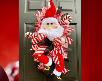 Santa Wreath for Front Door, Santa Christmas Wreath, Santa Door Decor, Candy Cane Wreath, Candy Wreath, Christmas Home Decor,  Holiday Decor