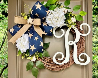 Patriotic Eucalyptus Greenery and Cotton Grapevine Wreath for Front Door with Monogram letter, Memorial Day Outdoor Decor, Gift for Veteran