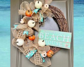 Beach Fall Wreath, Beach Fall Decorations, Coastal Fall Decor, Burlap Beach Wreath, Pumpkin Wreath, Fall Front Door Wreath, Pumpkin Beach