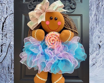Pastel Christmas Wreath, Gingerbread Wreath, Ginger Bread Decorations, Holiday Decor, Christmas Door Wreaths, Christmas Candy Wreath, Front