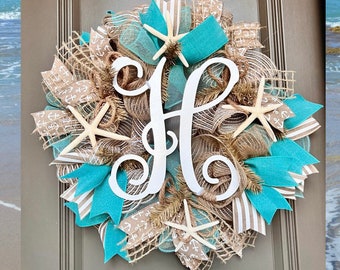 Monogram Beach House Wreath, Beach Housewarming Gift, Coastal Home Decor, Starfish Wreath, Front Door Wreath, Wreath with Initial, Beach