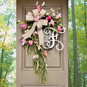 Spring Wreath for Front Door, Farmhouse Spring Decor, Tulip Front Door Wreath, Easter Wreath for Front Door, Mothers Day Gift, Monogram