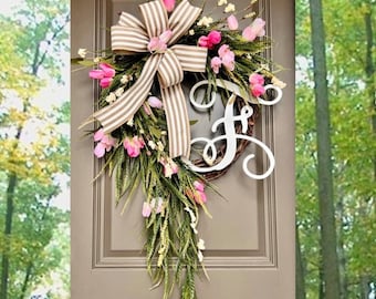 Spring Wreath for Front Door, Farmhouse Spring Decor, Tulip Front Door Wreath, Easter Wreath for Front Door, Mothers Day Gift, Monogram