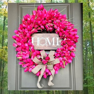 Tulip Spring Wreath: Grapevine Front Door Decor with Wooden Home Sign