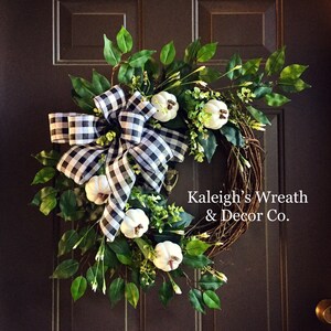 FALL Wreaths, Pumpkin Wreath, Thanksgiving Wreath, Black White Buffalo Check, Buffalo Plaid Wreath, Fall Decor, White Pumpkin Wreath, Rustic
