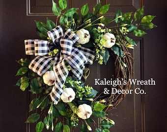 FALL Wreaths, Pumpkin Wreath, Thanksgiving Wreath, Black White Buffalo Check, Buffalo Plaid Wreath, Fall Decor, White Pumpkin Wreath, Rustic