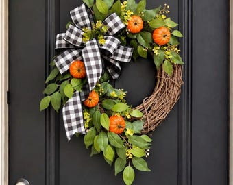 FALL Wreaths, Pumpkin Wreath, Thanksgiving Wreath, Black White Buffalo Check, Buffalo Plaid Wreath, Fall Decor, Orange Pumpkin Wreath