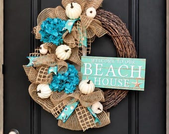 Fall Beach Wreath, Beach House Fall Decor, Coastal Fall Decor, Burlap Beach Wreath, Pumpkin Beach Decorations, Fall Front Door Wreath, Home