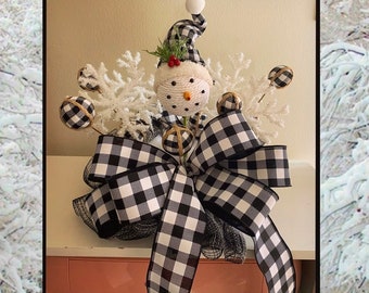 Christmas Tree Topper, Buffalo Check Christmas Decorations, Tree topper bow with streamers, Christmas Tree Star, Ornament, Snowman, Plaid