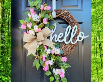 Spring Wreath for Front Door, Farmhouse Spring Decor, Cotton Front Door Wreath, Tulip Wreath for Front Door, Spring Wreath, Mothers Day