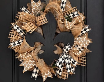 Burlap Fleur De Lis Wreath: Rustic Front Door Decor, New Orleans Style