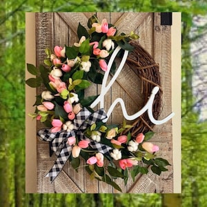 Spring Wreath for Front Door, Buffalo Check Decor, Cotton Front Door Wreath, Tulip Wreath for Front Door, Christmas Gift, Mothers Day