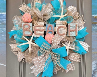 Seashell Beach Wreath for Front Door, Starfish Wreath,Burlap Beach Wreath, Beach Decorations, Starfish Front Door, Beach House Decor, Shell