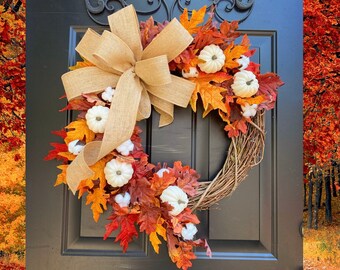 FALL Wreaths, Pumpkin Wreath, Thanksgiving Wreath, Burlap Fall Door Wreath, Fall Decor, White Pumpkin Wreath, Rustic Autumn Wreaths, Home