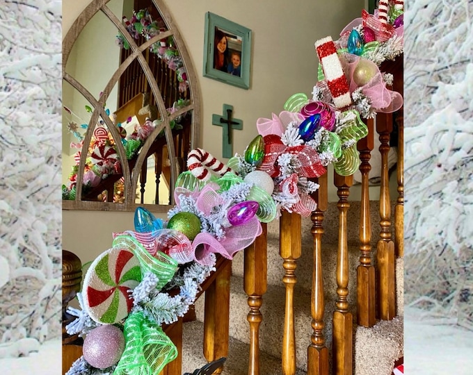 Featured listing image: Garland Christmas Mantle, Garland for Staircase, Christmas Decorations, Fireplace Garland, Garland for Front Door, Candy Decor