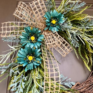 Turquoise Farmhouse Spring Wreath, Monogram Wreath, Spring Front Porch Decor, Year Round Wreaths, Every Day Wreath, Mothers Day Gift, Home image 6