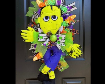 Frankenstein Halloween Wreath, Halloween Front Door Wreath, Halloween Decor, Pumpkin Wreath, Candy Corn Wreath, Decomesh, Scary Halloween