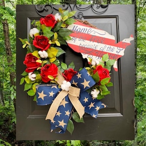 Home of the free because of the brave, Memorial Day Wreath, 4th of July Wreath, Farmhouse Summer Wreath, Patriotic Decor, Rose Wreath