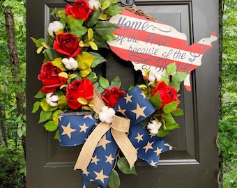 Home of the free because of the brave, Memorial Day Wreath, 4th of July Wreath, Farmhouse Summer Wreath, Patriotic Decor, Rose Wreath