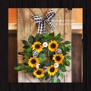 Fall Sunflower Wreath, Fall Door Wreath, Sunflower Wreath, Black and White Buffalo Check, Fall Wreath, Fall Porch Decor, Fall Decor, Boxwood