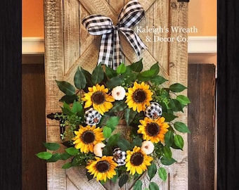 Fall Sunflower Wreath, Fall Door Wreath, Sunflower Wreath, Black and White Buffalo Check, Fall Wreath, Fall Porch Decor, Fall Decor, Boxwood