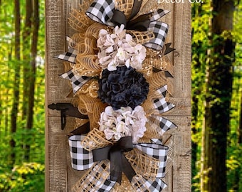 Buffalo Check Wreath, Burlap Wreath, Hydrangea Wreath for Front Door, Door Wreath, Cotton Swag, Buffalo Check Decor, Farmhouse Wreath, Door