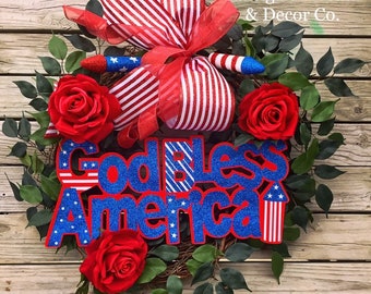 God bless america wreath, 4th of july wreath, patriotic wreath, Summer wreath, Memorial Day wreath, american flag wreath, front door wreath