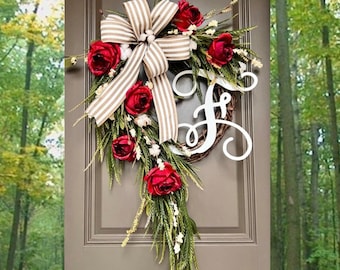 Rose Farmhouse Spring Wreath, Monogram Wreath, Spring Front Door, Year Round Wreath, Every Day Wreath, Mothers Day Gift, Wedding Gift, Roses