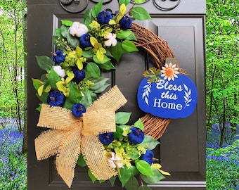 Blue Fall Wreath, Fall Wreath for Front Door, Fall Wreaths, Pumpkin Wreath, Autumn Wreath, Front Door Wreaths, Fall, Pumpkin Decor, Cotton