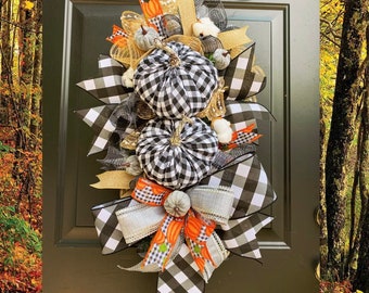 Fall Pumpkin Wreath, Fall Home Decor, Autumn Wreaths, Buffalo Check Pumpkins, Burlap Fall Wreath for Front Door, Farmhouse Fall, Cotton