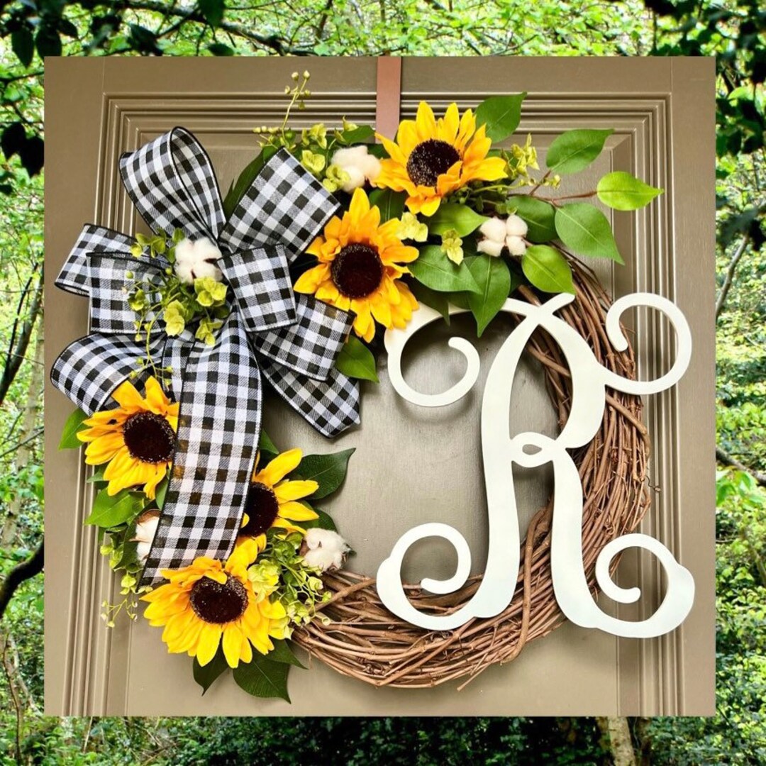 Sunflower Wreath for Front Door, Sunflower Decor, Monogram Wreath ...