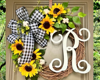 Sunflower Wreath for Front Door, Sunflower Decor, Monogram Wreath, Summer Wreath, Farmhouse Wreath, Cotton Wreath, Grapevine, Rustic Wreaths