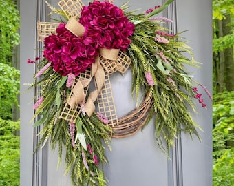 Pink Hydrangea Spring Wreath: Burlap Bow, Grapevine Floral Decor