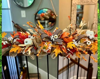 Fall Pumpkin Burlap Garland with Fall Leaves and Fall Florals, Halloween Garland for Front Door, Autumn Table Centerpiece, Staircase Mantel