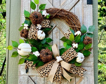 Leopard Fall Wreath, White Pumpkin Wreath, Fall Wreaths, Leopard Autumn Decor, Pumpkin Wreath for Front Door, Fall Grapevine, Home Decor