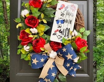 Barn in the USA, Country Wreath, Farmhouse Home Decor, Patriotic Wreath, 4th of July Decorations, Cotton Wreath, Red White and Blue Wreath